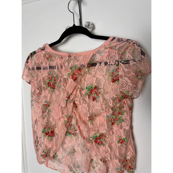 Vintage Y2K DEB Pink Floral Lace Sheer Short Sleeve Romantic Baby Top Small - Picture 4 of 6